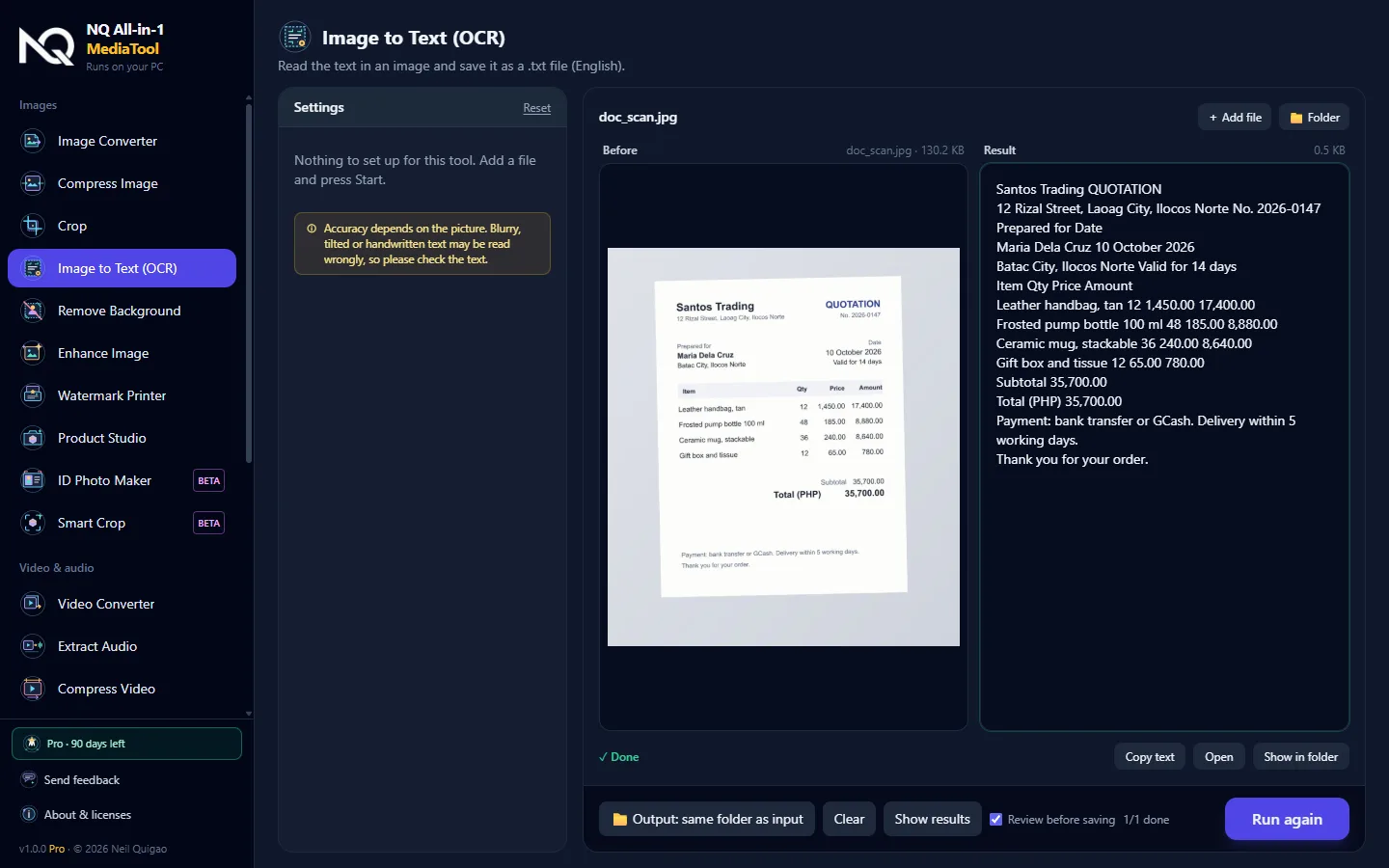 Image to Text showing recognised text
