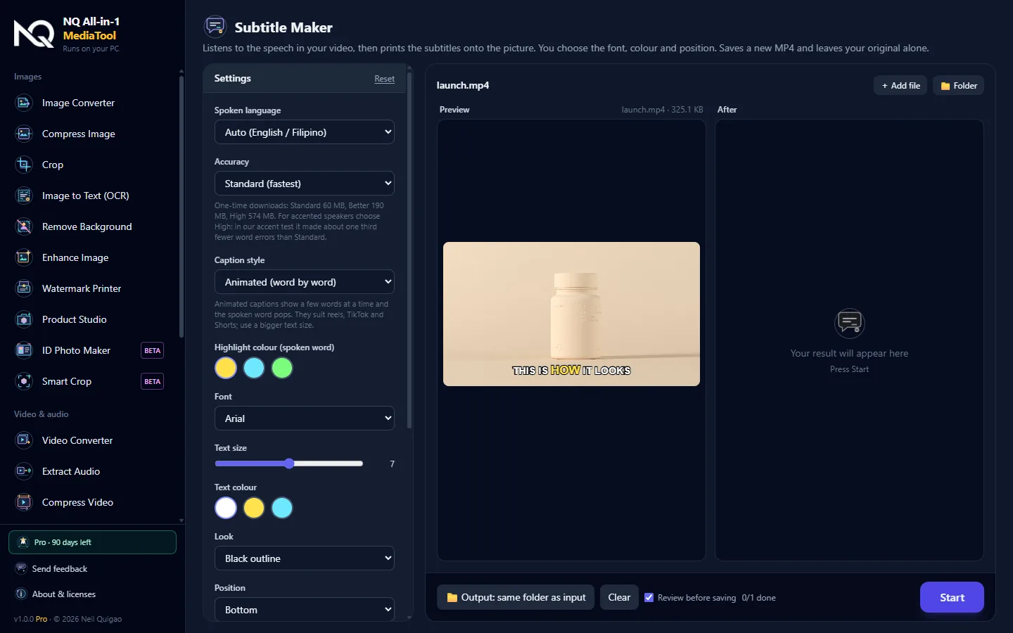 Subtitle Maker with a live caption preview