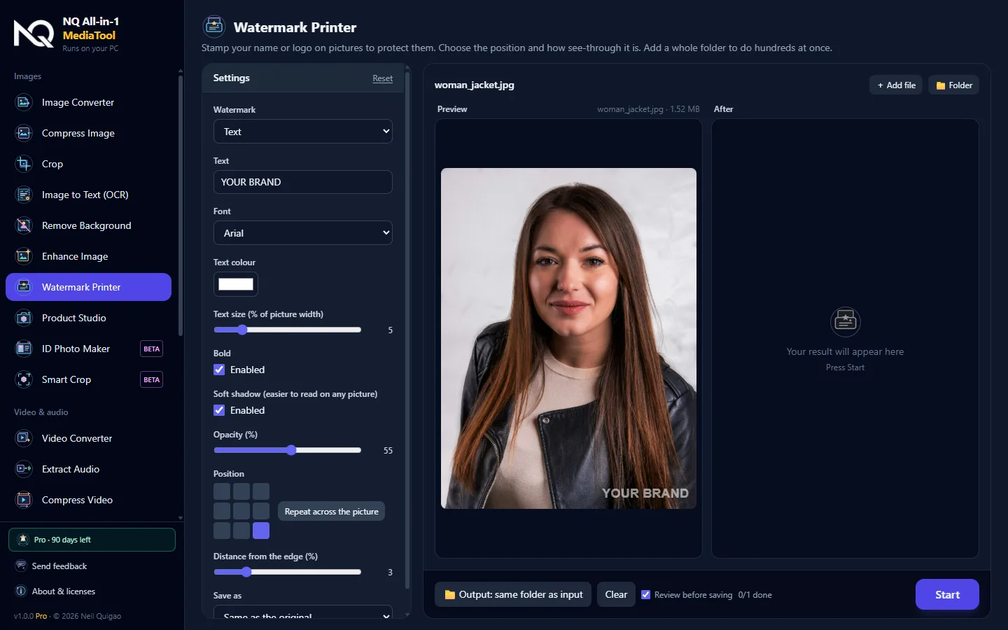 Watermark Printer with a live preview