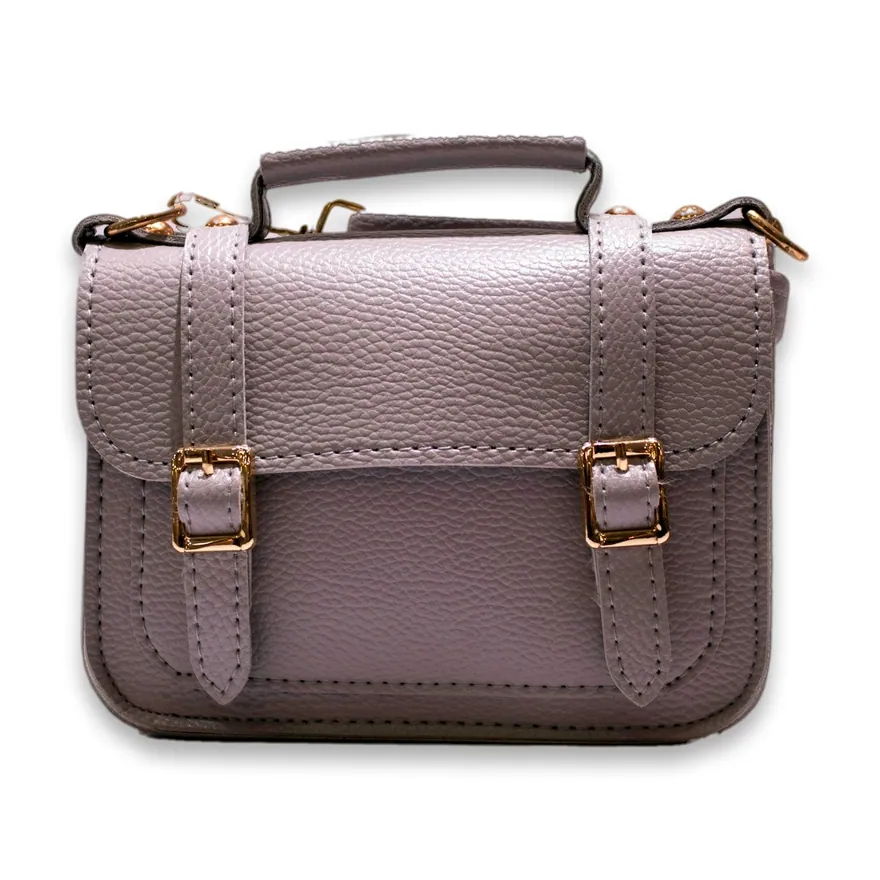 Grey leather satchel on a clean white backdrop with a soft shadow