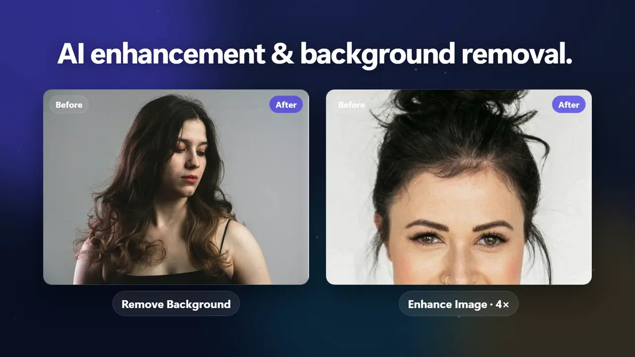 A frame from the promo video: Remove Background and Enhance Image before-and-after sliders