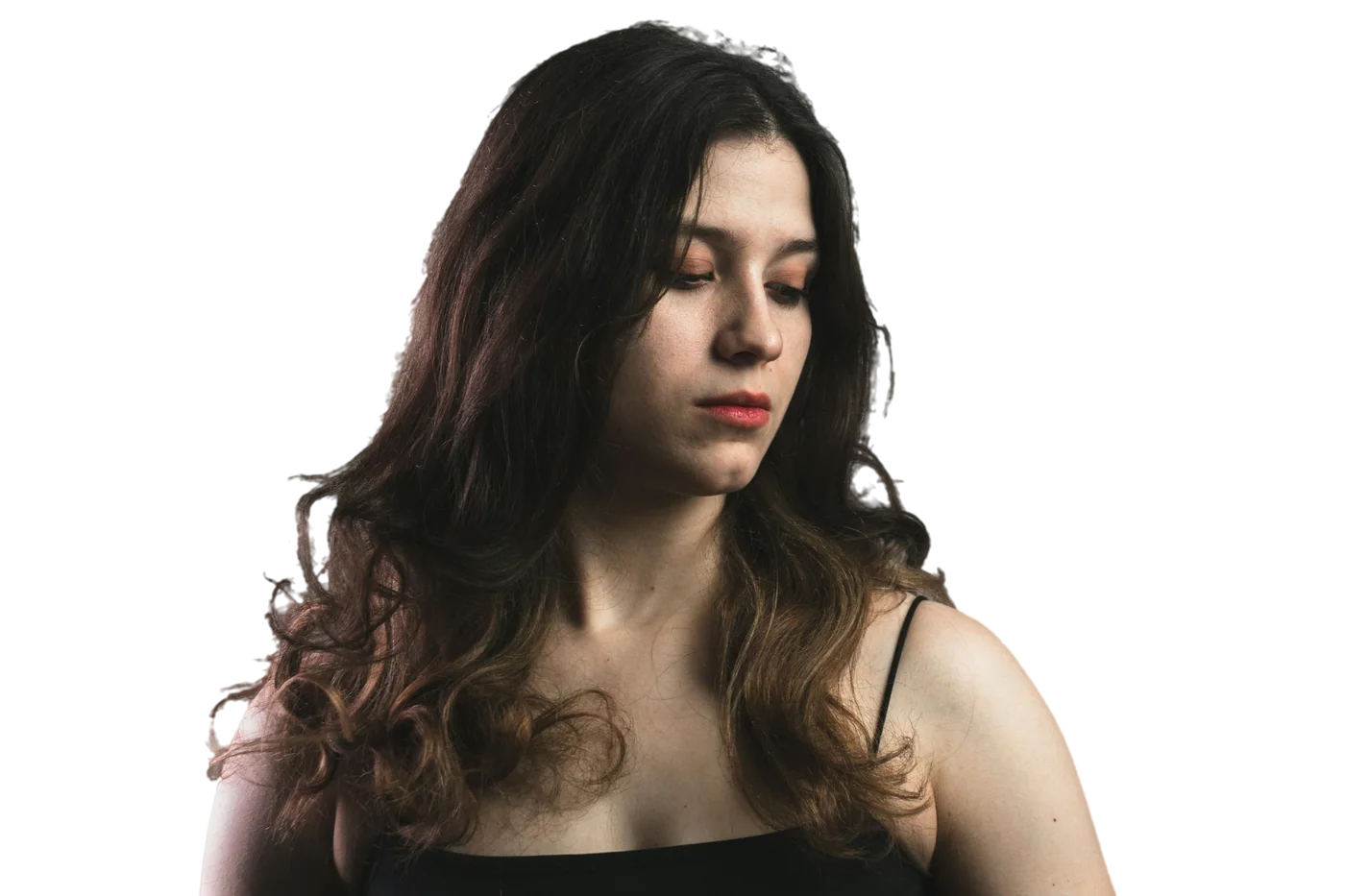 The same portrait cut out on a transparent background, every strand kept